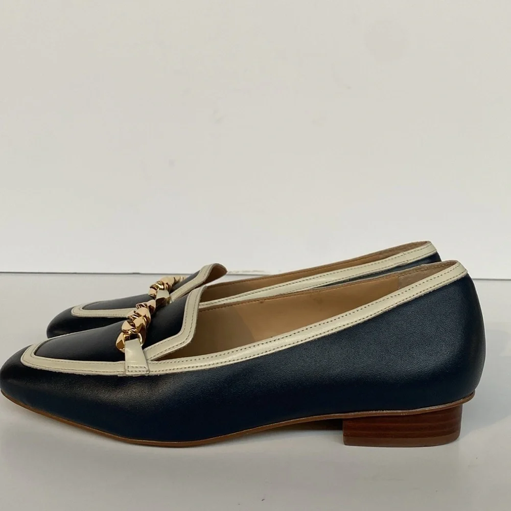 Talbots Estelle Chain Square Toe Leather Loafers Navy White Sz 6.5